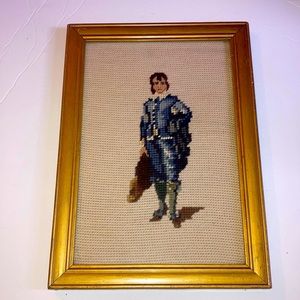 Vintage 1970’s Needlepoint Blue Boy Englishmen Gold Framed